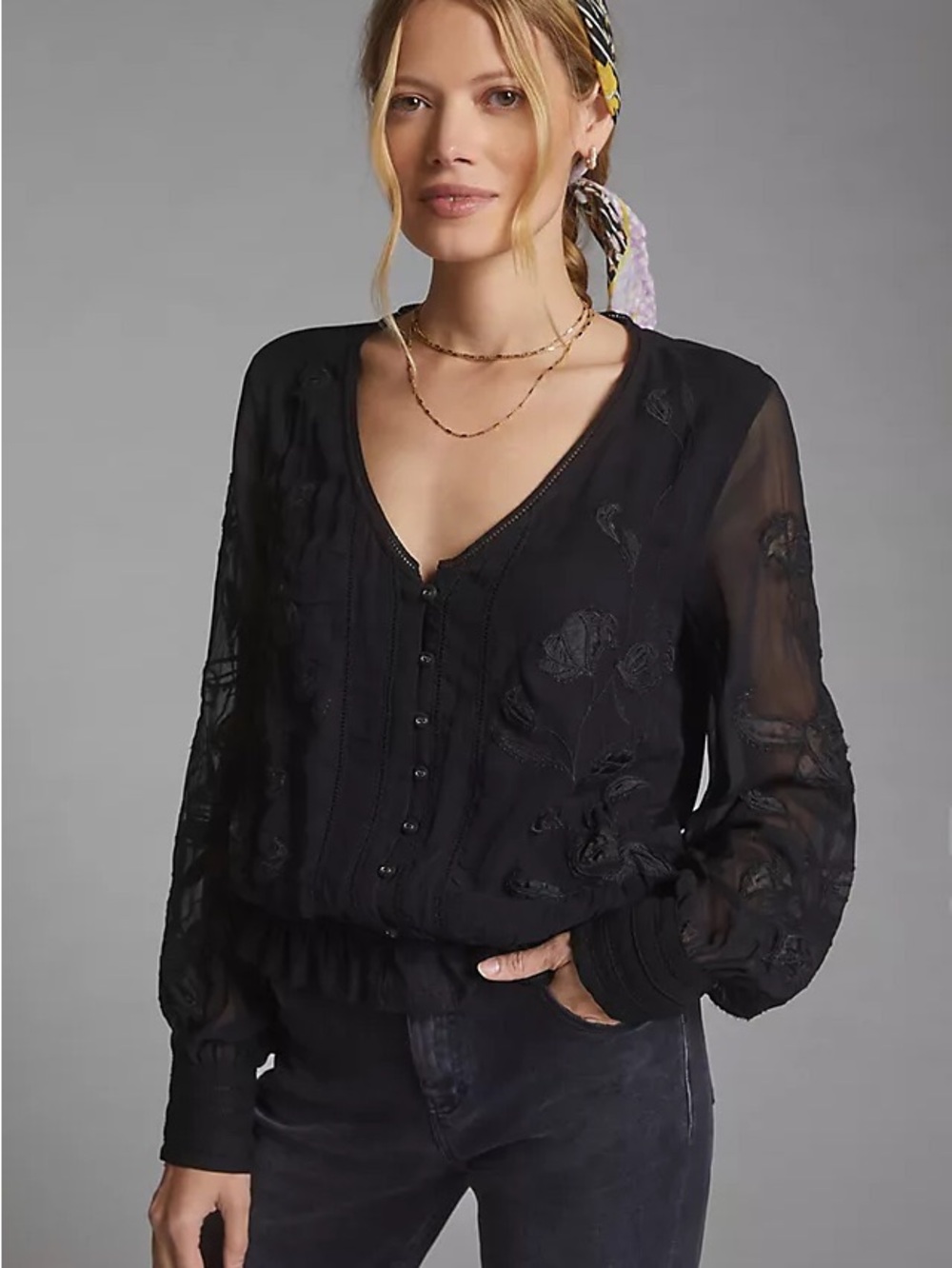 Anthropologie black long-sleeve embroidered button-down blouse with sheer sleeve